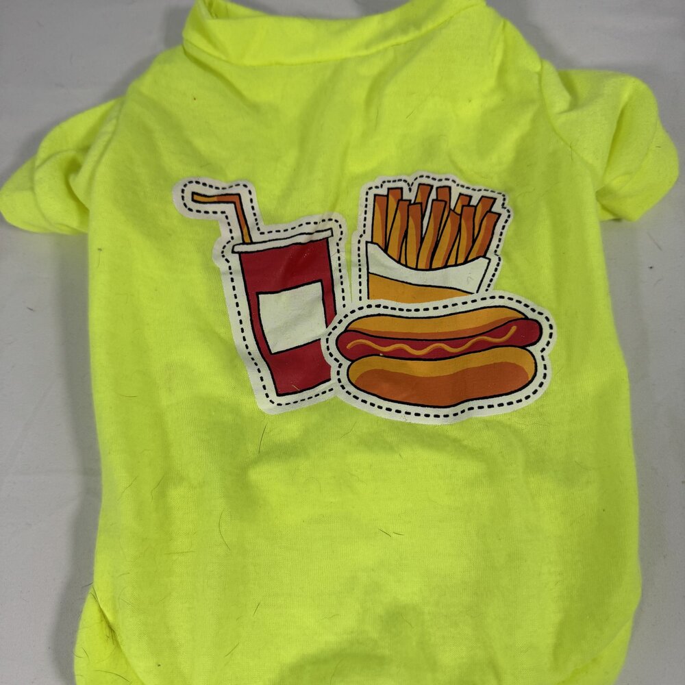 Neon Yellow Fast Food Print Dog T-Shirt Size M Hot Dog Fries Funny Pet Tee